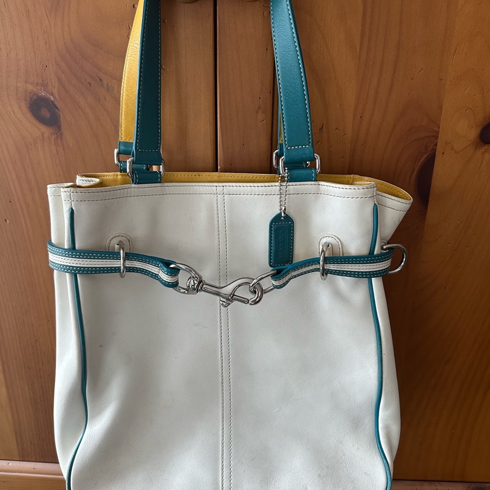 Coach White and Teal Tote Bag with Yellow Accents